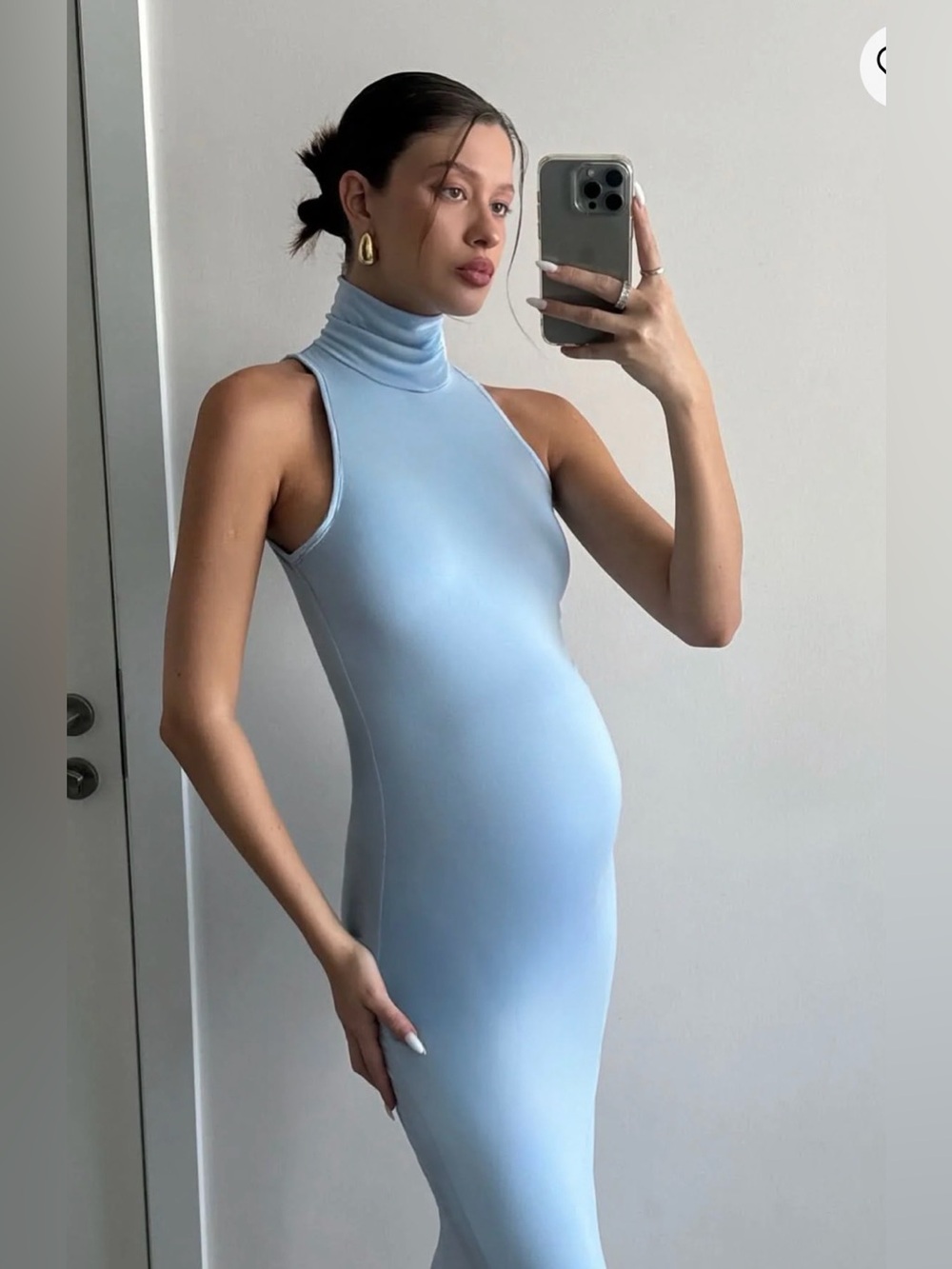 Serena Maternity Dress by Bumpsuit 
Sleeveless Mock Neck Light Blue Bodycon